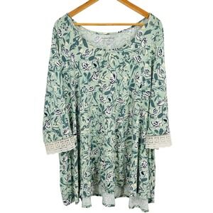 Woman Within Floral Tunic Top Green Lace Trim 3/4 Sleeve Plus Size 4X